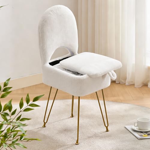 White Vanity Chair with Storage, Folding Back Faux... (White | Faux Fur)