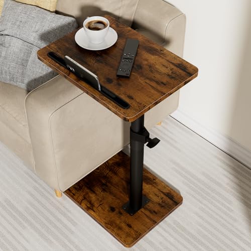 Sofa Armrest Tray Table for Couch - 360° Swivel Height Adjustable End for Small Spaces, Snack Side Table for Bed or Chair with Phone & Tablet Slot (Rustic,Standard)
