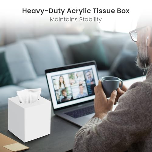 Tissue Box Cover, Square Modern Facial Acrylic Tissue Holder Napkin Dispenser Accessories for Bathroom Vanity Countertop,Bedroom Dresser,Night Stand,Desk,Office (White)