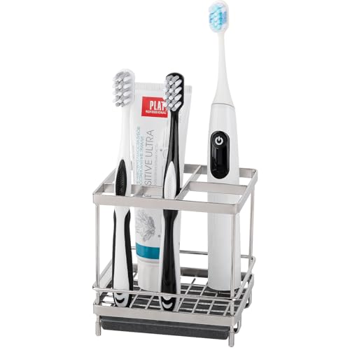Electric Toothbrush Holders for Bathrooms Toothpaste Organizer, Sliver | Carbon Steel, Removable Diatomite Drip Tray, 5 Slots Kids Tooth Brush Holder for Countertop, Shower, Vanity