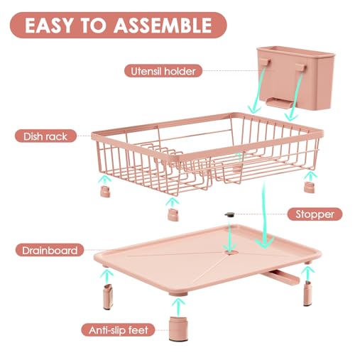 Dish Drying Rack, Stainless Steel-Dish Rack, Dish Racks for Kitchen Counter, Kitchen Dish Drainers with Removable Utensil Holder,New Drain Outlet,Plate Rack and Drainboard,(Pink-11 W x 15" L)
