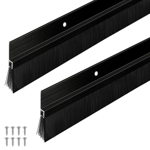 Frienda 2 Set Door Brush Bottom Sweep Brush Weather Stripping Aluminum Door Seal with Screws for Gaps up to 1 Inch, for Home, Commercial Gate, Fill Gaps Dust, Debris (1 x 36 Inch,Black)