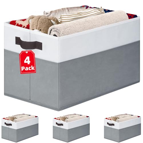 4 Pack Large Closet Storage Baskets Bins for Shelv... (White with Grey)