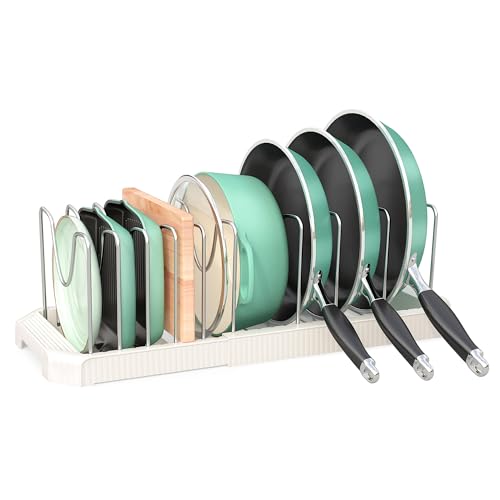 Expandable Pan Organizers Inside Cabinet with 10 Dividers White | Extends 12.9-21.9", Holds cookie sheets, cutting boards, pot lids and pans, iron dividers, plastic base, under cabinet rack
