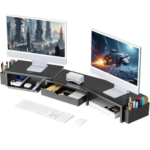 Dual Monitor Stand Riser With Drawer and 2 Pen Hol... (Black | Metal)