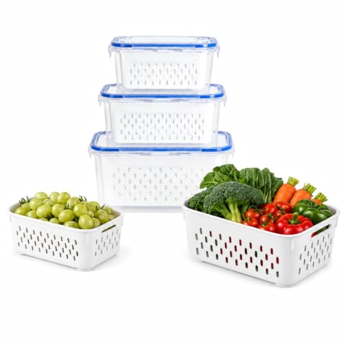 3 Pcs Fruit Storage Containers for Fridge, Produce Storage Containers with Removable Colander Basket & Airtight Lid, BPA-free food storage containers, for Fruits, Vegetables & Meat