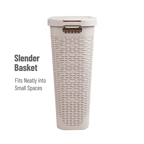 Mind Reader Slim Laundry Hamper with Lid, 40L Clothes Basket, Narrow Tapered Design with Ventilated Cutout Pattern, Plastic, Ivory