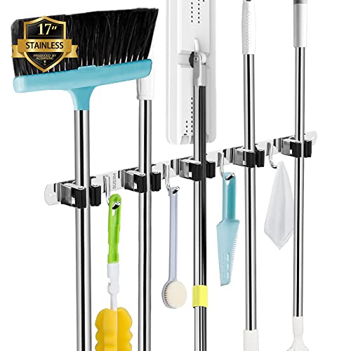 Broom Holder Wall Mount, 5 Racks 4 Hooks Heavy Dut...