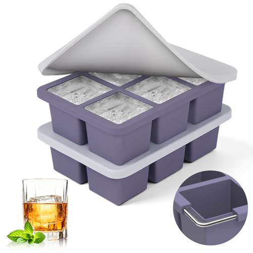 Large Silicone Ice Cube Trays with Lids, 2 Pack, Makes 2-Inch Cubes | Food-Grade Silicone, Steel-Reinforced Rims, Easy-Release, Stackable for Whiskey, Cocktails, Juice, Soup & Meal Prep