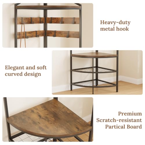 GiftGo Corner Hall Tree with Shoe Bench Entryway Coat Rack with 10 Metal Movable Hooks Floor Standing Clothes Rack Shoes Shelf Organizer for Home Office Bedroom (Rustic Brown)