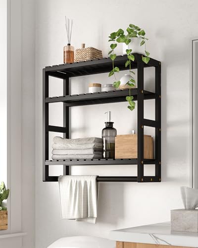 Galood Over The Toilet Storage Bathroom Shelves Wall Mounted 3 Tier Black | Space Saver Corner Shelf Organizer Bamboo Towel Rack Toilet Paper Cabinet with Hanging Rod