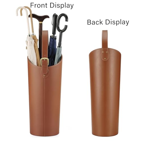 Brown Artificial Leather Tall Umbrella Holer Entryway Indoor for Business Office,22.4 Inch Umbrella Stand Entryway with Removable Water Tray 2 Hooks