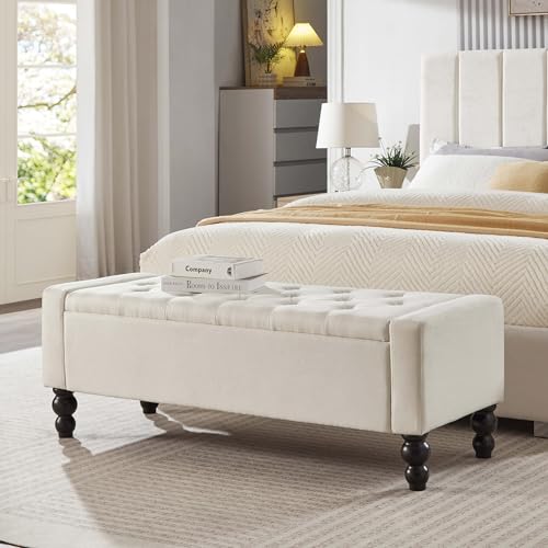 50" W Storage Ottoman Bench with Safety Hinge, Loa... (Beige | Wood)