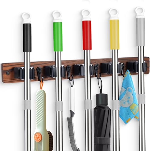 Broom Holder Wall Mount With 5 Slots & 4 Hooks,Rus... (Brown)