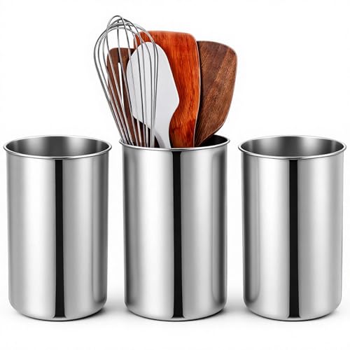 3 Pcs Stainless Steel Utensil Holders for Kitchen Counter, 5.5" x 7.3" Silver Cylinder Countertop Utensil Organizer Heavy Base and Dishwasher Safe for Home Cafe Restaurant Cooking Utensils