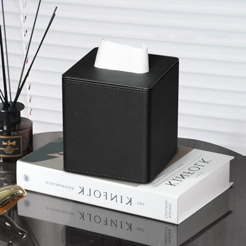 PU Leather Square Tissue Box Cover with Bottom, Black | Fits All Standard Cube Tissue Boxes, Modern Decorative Tissue Box Holder for Bathroom, Bedroom, Office, Living Room