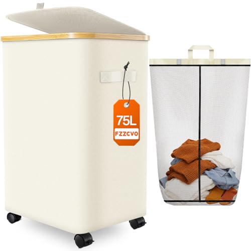Laundry Hamper with Wheels, 75L Rolling Laundry Ba... (Beige)