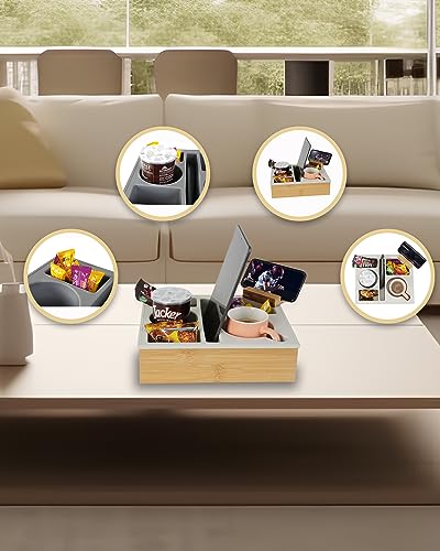 Couch Cup Holder Tray, Handy Silicone Bamboo Couch Caddy with Rotatable Phone Holder for Bed Car Seat Organizer, Waterproof Anti-Spill Sofa Cup Holder for Snacks Beverage Remote (White)