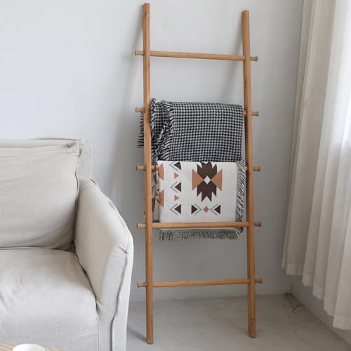 Blanket Ladder, 57in Rustic Extended Side Wood Decor Rack, Light Brown | 5 rungs, farmhouse quilt display holder, organize towel, hanging bags, leaning wall, bathroom and living room use