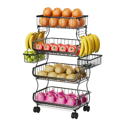 Stackable Cart, Fruit Vegetable Basket with Wheels... (Black | Metal)