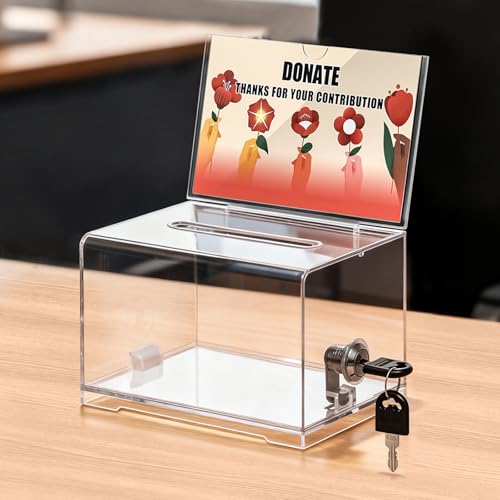 Clear Donation Box with Lock for Church & Raffle -... (Clear-PS-1P)