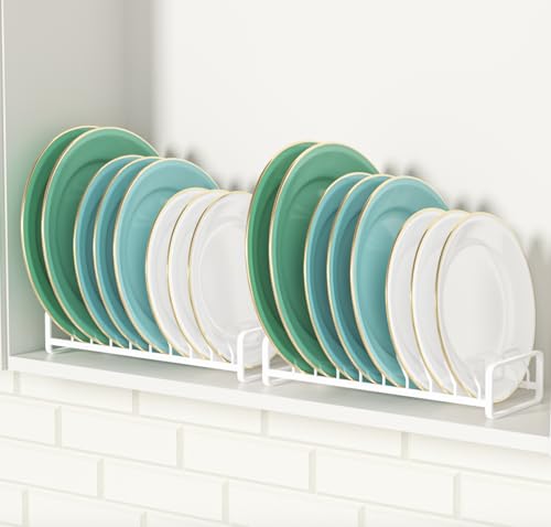 Plate Organizer for Cabinet (2-Pack),Kitchen Dish Rack Organizer for Cabinet Countertop Drawer Space Saver,8 Slots Vertical Plate Holder Storage Rack, Housewarming Kitchen Gifts for Women (White)