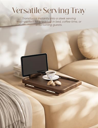 15.75" Acacia Couch Armrest Table with Phone Holder, Walnut Color | Acacia Wood, 360° Rotating Phone Holder, Spacious, Clips Securely with Double-hinge Grip, Foldable, Portable, Easy Assembly