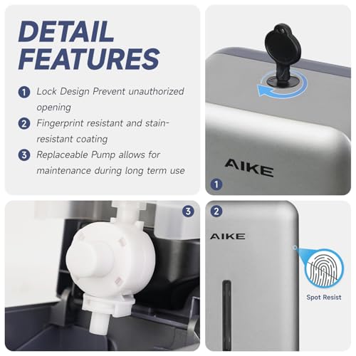 AIKE Liquid Commercial Soap Dispenser,27oz for Bathroom Sleek Silver,AK1006 | No-Drill and Screw Dual Wall Mount Install Design for Space-Saving,Easy Push Easy Refill and Large Capacity for Commercial