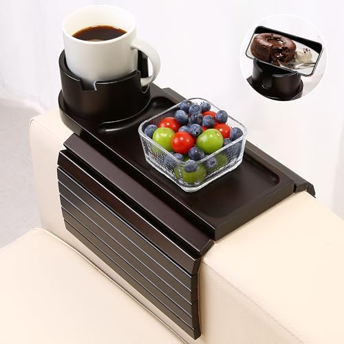 Couch Cup Holder,Bamboo Couch Arm Tray with 360° Rotating Cup Holder,Foldable Anti-Slip Sofa Arm Chair Tray for Eating Snack Drink Side Table