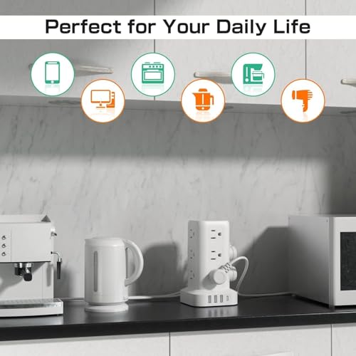 Power Strip with 12 Outlets 4 USB (1 USB C), 6.5Feet Extension Cord with Multiple Outlets, Charging Station, Power Strip Tower, Home Office Desk Supplies