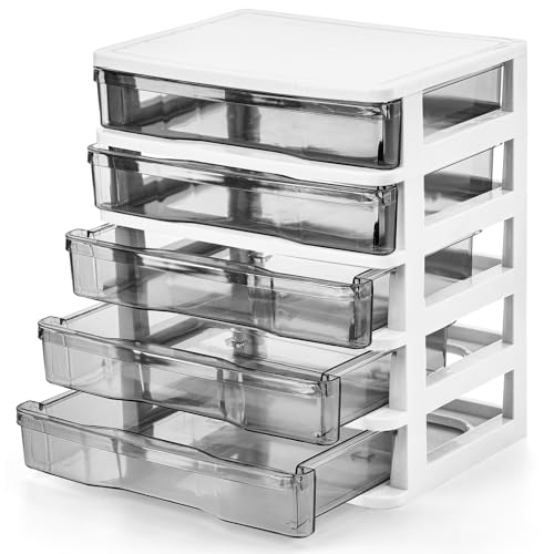 5 Drawer Desktop Storage Bin Unit, Small Plastic O... (White,Clear)