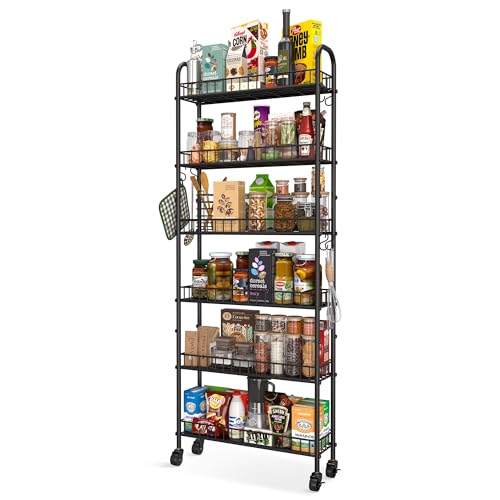 Slim Rolling Storage Cart with Wheels, Metal 6 Tie... (Black | Metal)