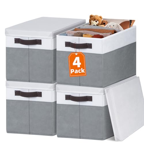 Large Closet Storage Baskets Bins with Lids 4 Pack... (4 Count | White with Grey)
