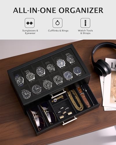 ProCase 12-Slot Watch Case for Men, 2-Tier Pull-Out Drawers Box -Black | Fathers Day Gift for Dad Men with Display Clear Top Lid, Jewelry Sunglasses Storage Organizer, Anniversary Birthday Gifts