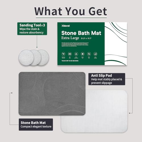 Extra Large Stone Bath Mat, Diatomaceous Earth Mat, 31.5"x19.7" | Super Absorbent, Modern Quick Drying Diatomite Bathmats, Non-Slip Base, Easy Clean for Shower Floor & Bathroom (Dark Gray)