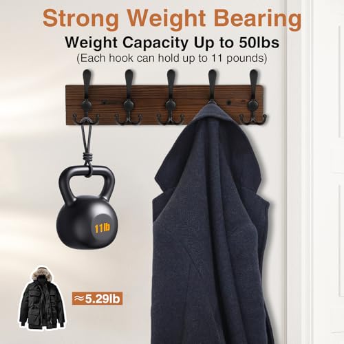 Wooden Coat Rack Wall Mount Heavy Duty, 2 Pack Coat Hanger Wall Mount with 5 Triple Hooks for Clothes, Jacket, Hat, Keys, Space Saving Entryway Organizer for Mudroom (Brown Plate & Black Hooks)