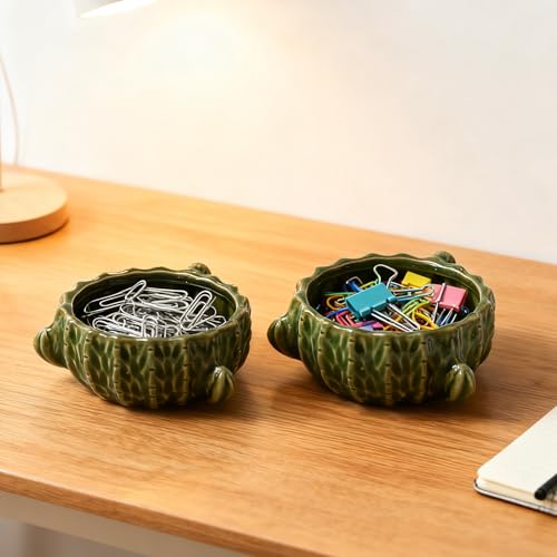 2 Pack Cactus Ceramic Paper Cilp Holder, Western Office Desk Decor | Cute Binder Clip Box with Non-Slip Bottom, Ideal for Home Vanity, Office Desk to Keep Bobby Pin, Hair Clip and Tiny Items