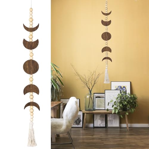 Moon Phase Wall Hanging Wood Beaded with Tassel,Phases of The Moon,Boho Home Decor for Living Room Bedroom Office(Brown)