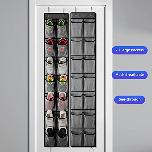 KEEPJOY 2 Pack Grey14 Pockets Over the Door Shoe Organizer, Hanging Shoe Organizer with 4 Hooks Door Shoe Holder with Mesh Deep Pockets Closet Door Shoe Storage Bag (Grey-2Pack)