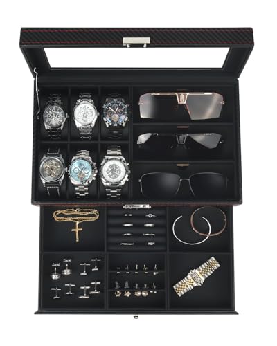 Watch Jewelry Box Organizer, 6-Slot 2-Layer Watch... (Black | Leather)