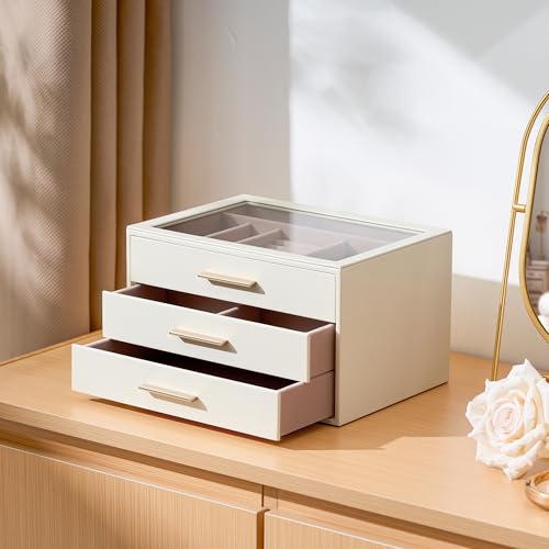 Jewelry Box Organizer Storage Case, 3-Layer with Glass Window, White | Ivory Leather with Pink Velvet, Holder for Ring Necklace Bracelet Brooch Watch, Great Gift for Her