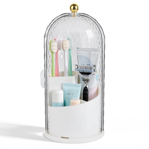 Toothbrush Holder with Cover for Bathroom Countertop, Organizer, White | Rotating 3 Slot Holder for Electric Toothbrushes, Toothpaste, Self Draining Vanity Organizer, Makeup Brush Storage