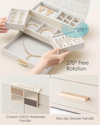 VLANDO 3 Layer Jewelry Box - Women Jewelry Box with Retractable Tray - Jewelry Organizers with Drawer for Necklaces, Rings, Bracelets, Earrings, Valentines Gift for Mom Girls - Cloud White