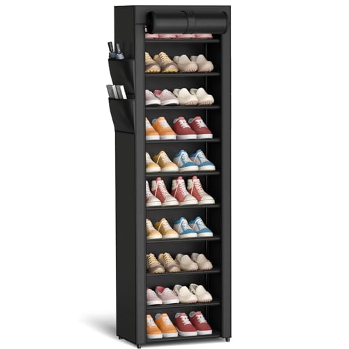 Kitsure 10-Tier Shoe Rack with Cover, Vertical Shelf, 17.5" Wide, Black | Space Saving Shoe Storage with Side Pocket, Shoe Organizer for Closet, Entryway, Bedroom, Zapateras Organizer