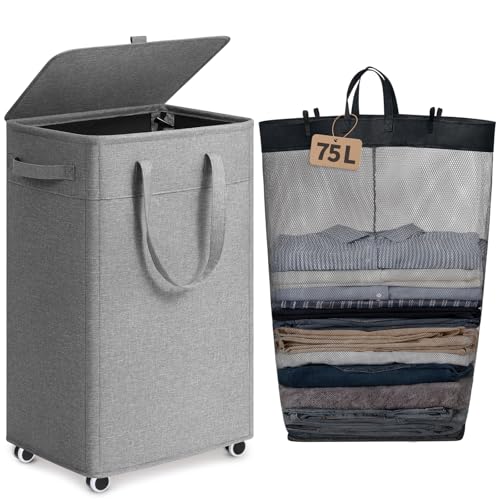 Goodpick 75L Rolling Laundry Hamper with Removable Wash Bag, Grey | 16.5 × 12.5 × 27.5 in, Reinforced Handles, Collapsible Design, Bathroom & Dorm Organization, Clothes & Blankets Storage