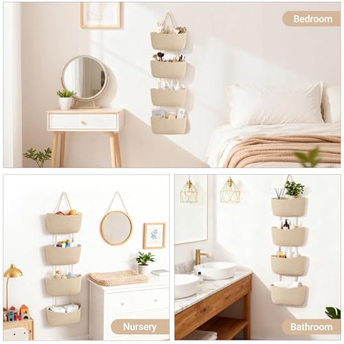 Dahey Over The Door Hanging Basket Storage 4-Tier Woven Wall Basket, Jute | Space-Saving, Hook Fits 1.77" Door, Widely Boho Nursery Organizer for Bathroom Bedroom Dorm Decor, Detachable Adjustable Rope