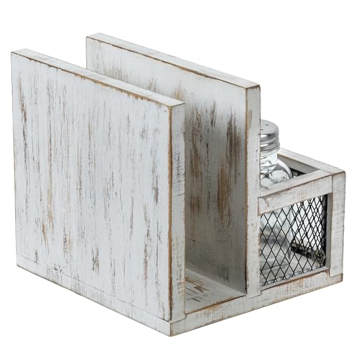 FARM IN Napkin Holder, Farmhouse Multifunctional Napkin Holder with Salt and Pepper Shakers Holder for Home and Commercial Use, Rustic Solid White Washed Wood & Diamond Metal Wire Mesh
