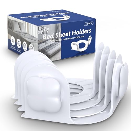 Bed Sheet Holders for Corners: Fitted Bed Sheet Grippers with Twist-Lock Clips Keep Sheets Tight Heavy-Duty Grip Quick All Mattresses Easy Installation 4 Pack White