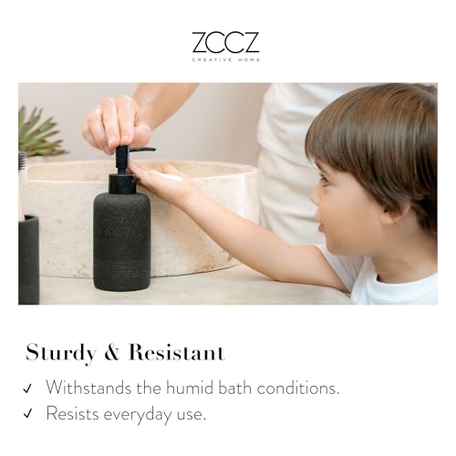 Black Stone Bathroom Accessories Set 6 Pieces - Toothbrush Holder, Lotion Dispenser, Qtip Container, Vanity Tray, Tumbler - Countertop Organizer for Bathrooms - Elegant and Functional Décor Set