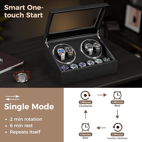 ANWBROAD Watch Winders for Automatic Watches, 4 Watch Winder | Automatic Watch Winder with 4 Watches Rotator and 6 Extra Storages,Japanese Quiet Motor,Carbon Fiber Watch Winders,UJWW012C